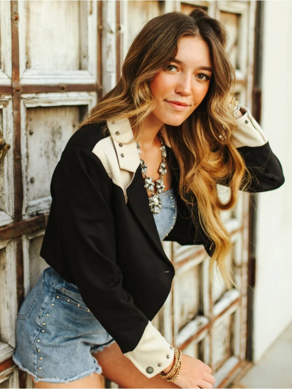 Women’s Black and Cream Contrast Cropped Jacket
